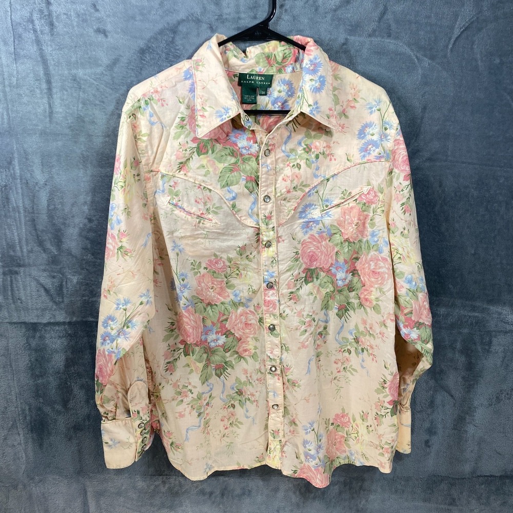 Ralph Lauren Floral Western Shirt Pearl Snap Womens 3X Plus Pink Cotton Yoke VTG